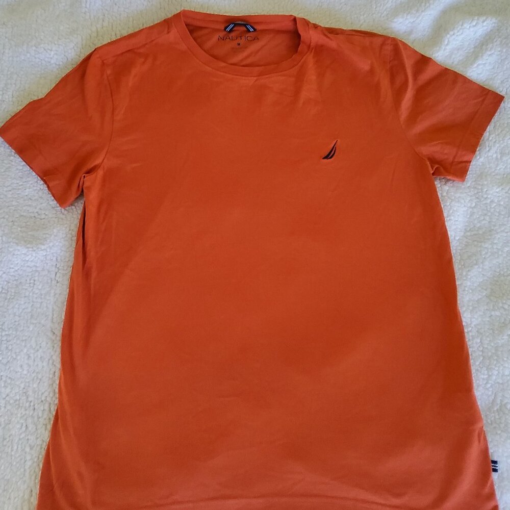 Nautica Men Medium Orange Short Sleeve Crew Neck Solid Cotton T-Shirt